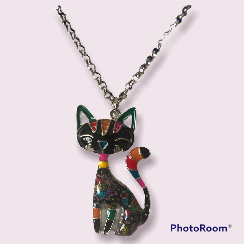 Black Cat Mid Century Modern Tiki Style Art Halloween Enamel Necklace Pendant